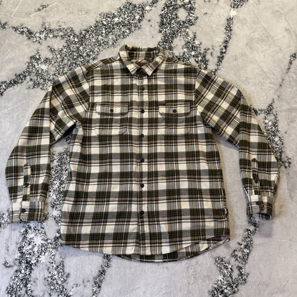 Orvis Shirt Mens Size L Brown Plaid Flannel Button Up Heavy Outdoors Shacket